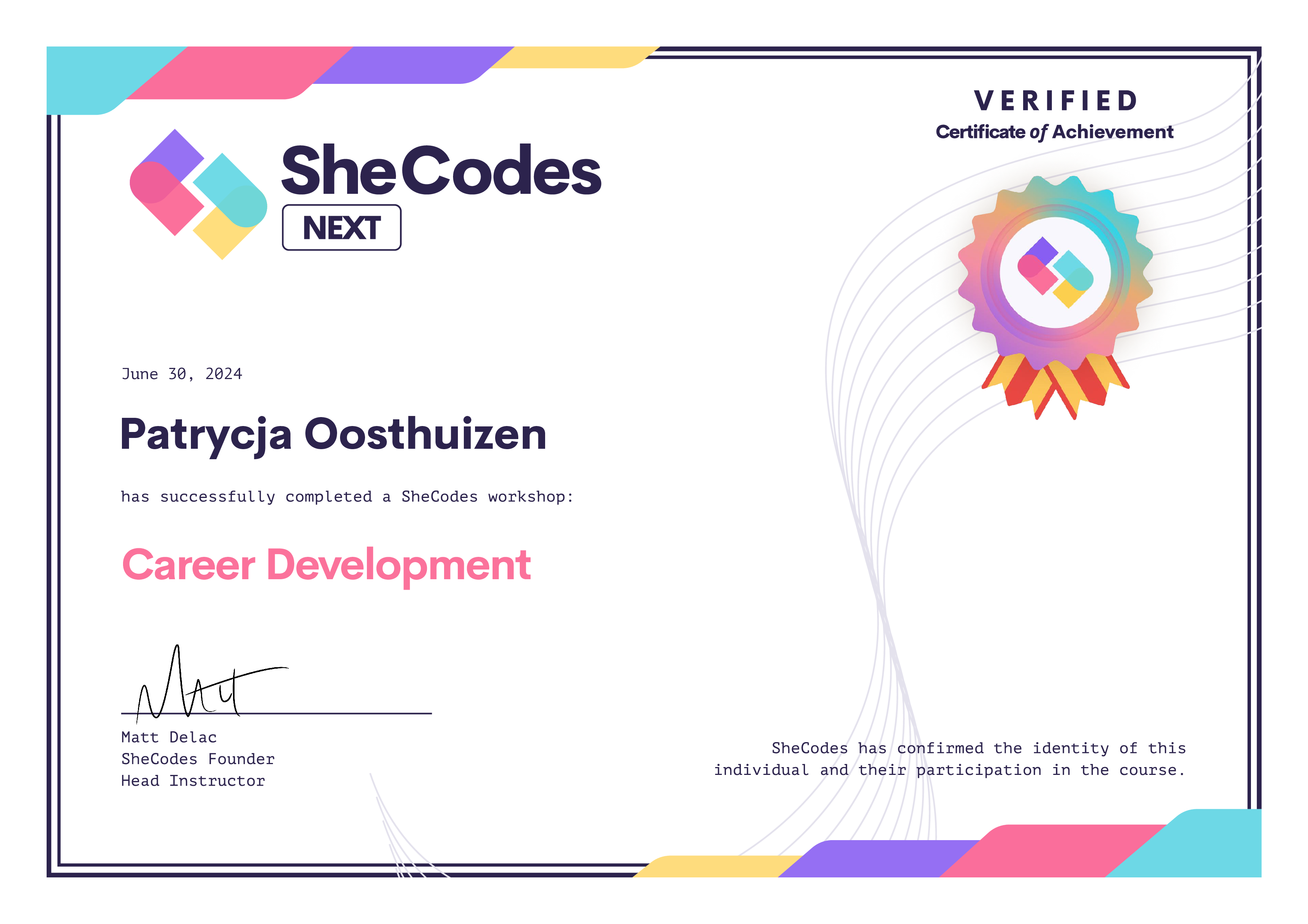 Patrycja's SheCodes Next certificate Patrycja's SheCodes Next certificate